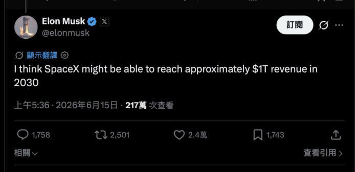 馬斯克豪言 SpaceX 收入將達萬億美元 遠超華爾街三倍預期