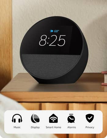 Echo Spot smart display sits on a nightstand, showing 8:25 and weather. Icons below suggest features: Music, Display, Smart Home, Alarms, Privacy