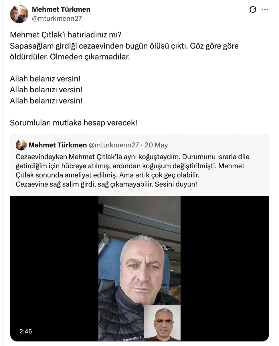 BİRTEK-SEN Genel Başkanı Türkmen'in aynı koğuşta kaldığı ve 