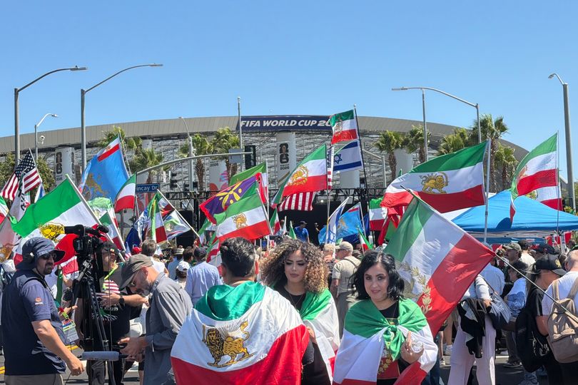 Protestors gathered in Los Angeles before Iran played its first FIFA World Cup game