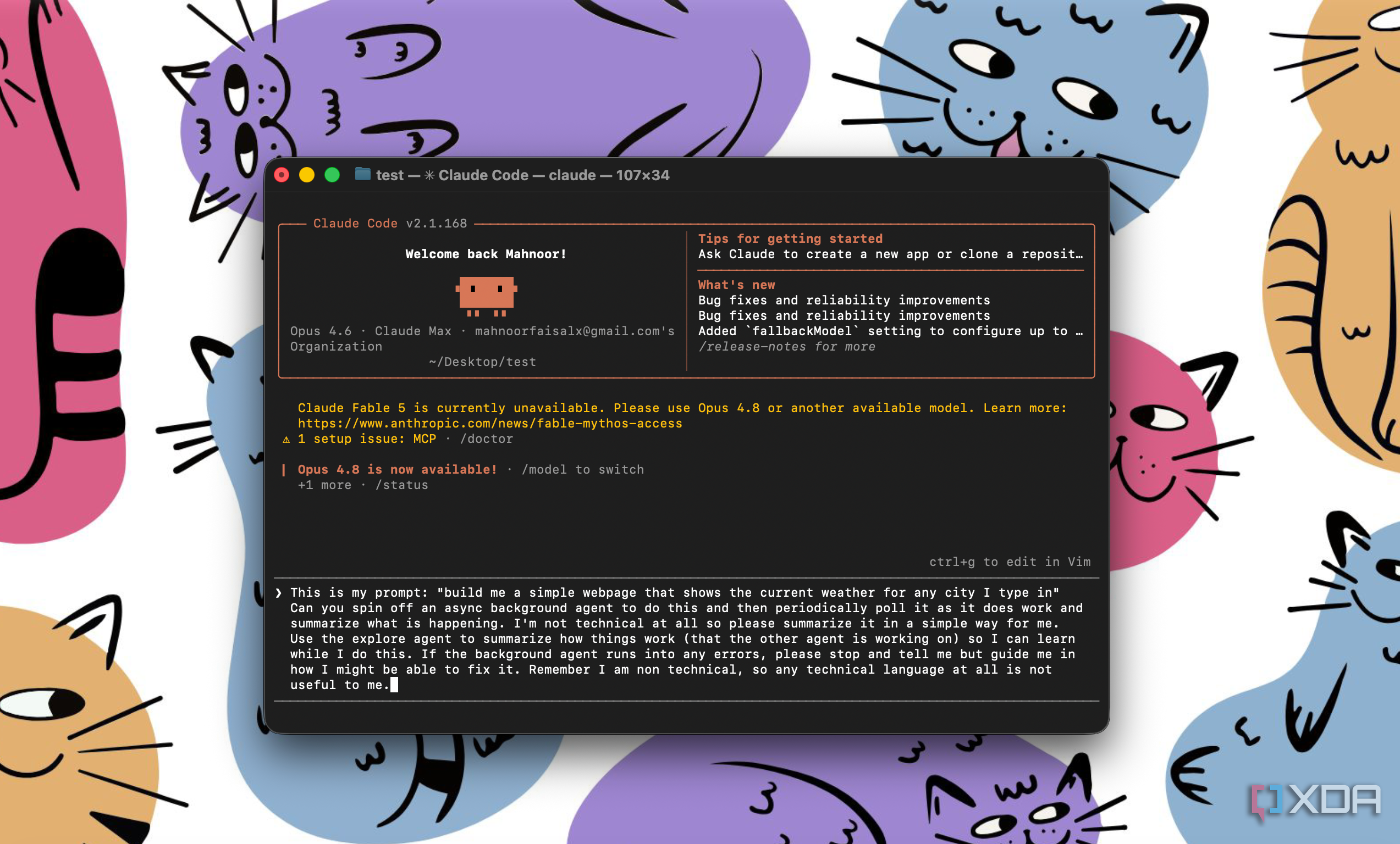 terminal window showing claude code interface with welcome message on mac laptop surrounded by colorful cartoon cat illustrations