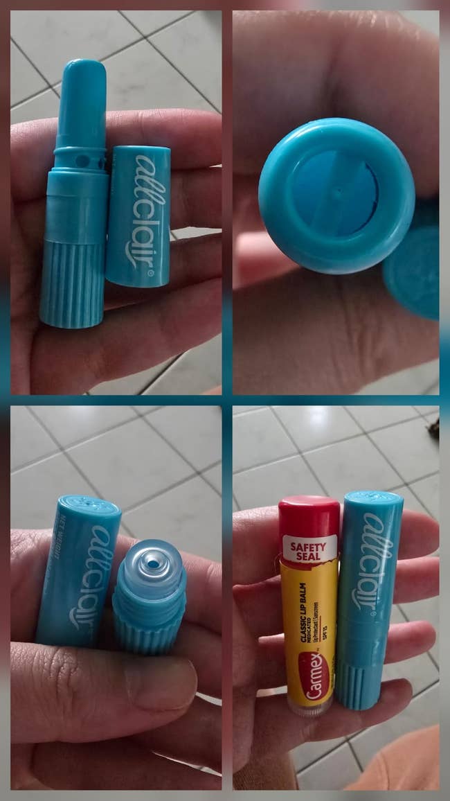 Four images show a person holding two nasal inhalers: one light blue with