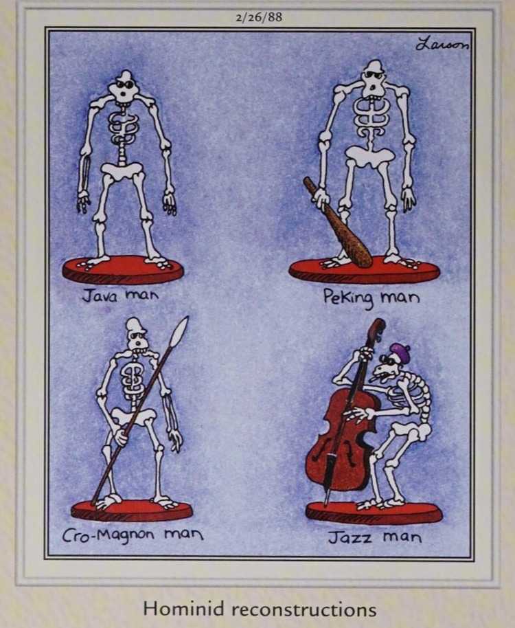 The Far Side: An illustration of four skeletons, including three prehistoric and one jazz man.