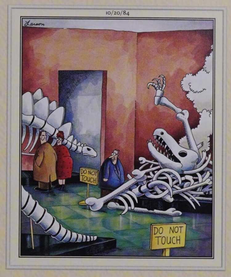 The Far Side: A man in a suit has touched a dinosaur fossil, knocking it over.