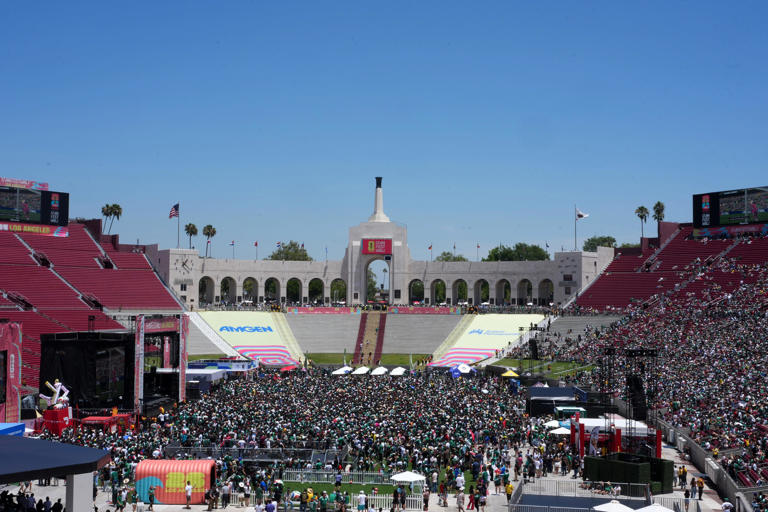 Los Angeles Memorial Coliseum transforms for World Cup fan festival