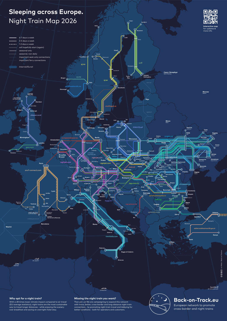 Perfekt für Bahnreisende: Übersichtskarte zeigt alle Nachtzüge in Europa