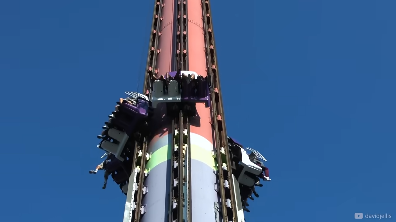 The free fall tower reached the top then the safety system failed