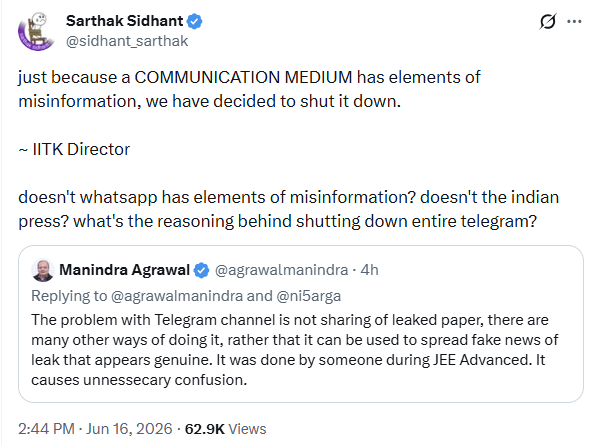 Sarthak, Nisarga fact-check IITK director over Telegram ban with 'meow ...