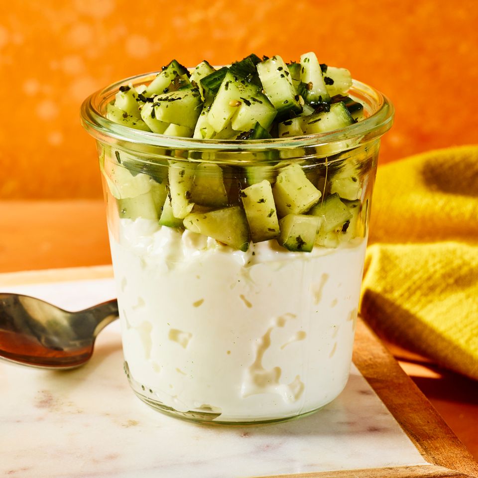 A recipe image of Cottage Cheese Snack Jar with Cucumber & Furikake Seasoning