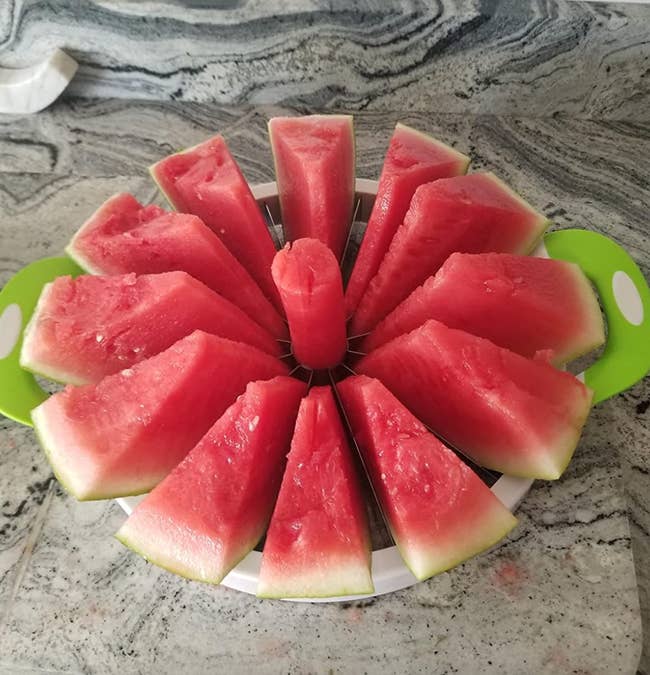Sliced watermelon arranged in a circular pattern after being cut