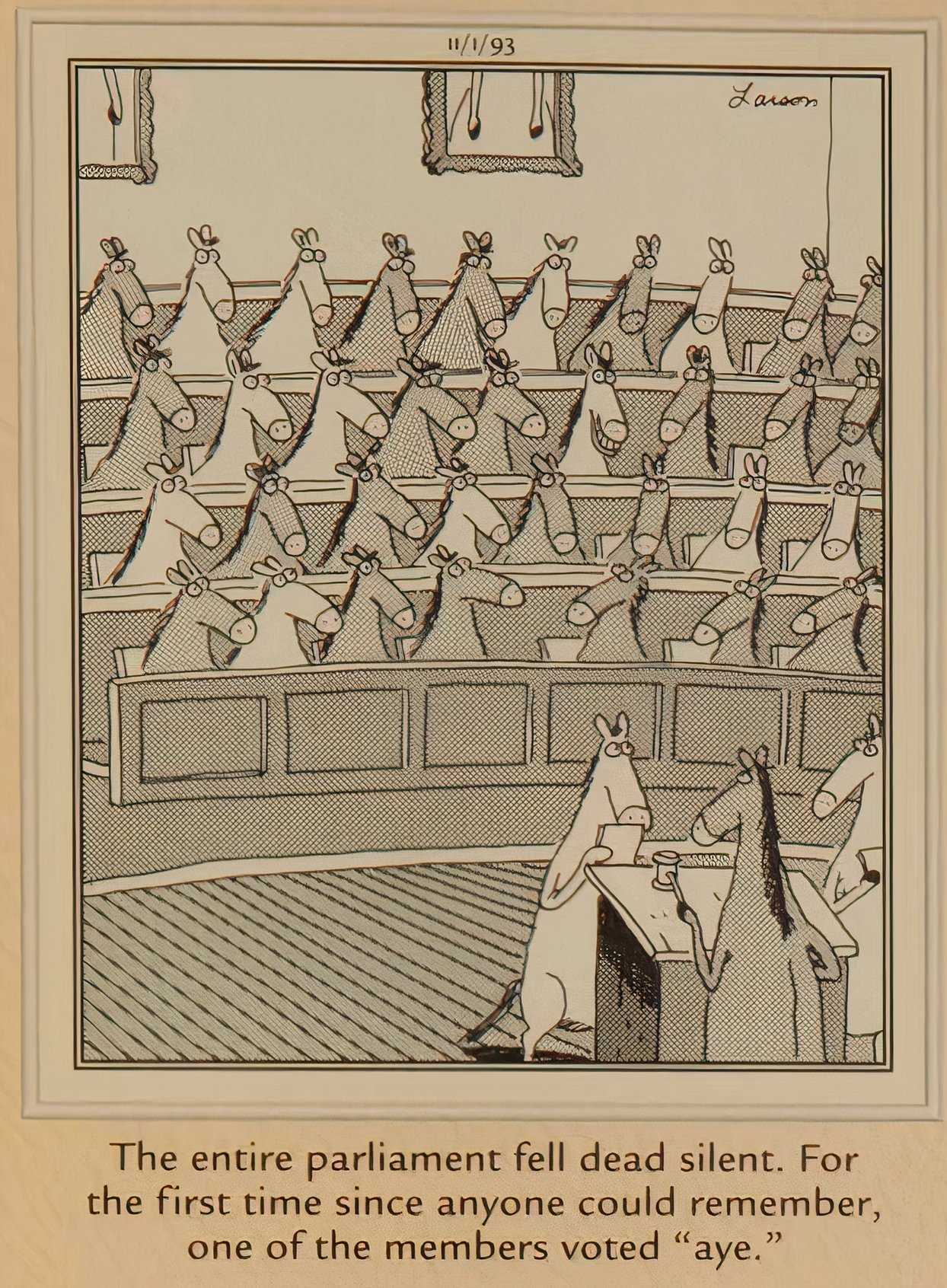 A horse votes for the first ever "aye" in parliament.