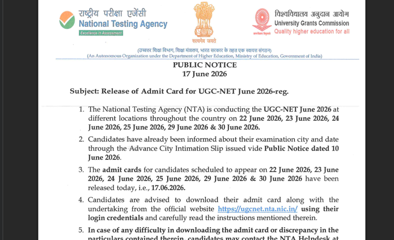 UGC NET June exam admit card 2026 released at ugcnet.nta.nic.in for ...