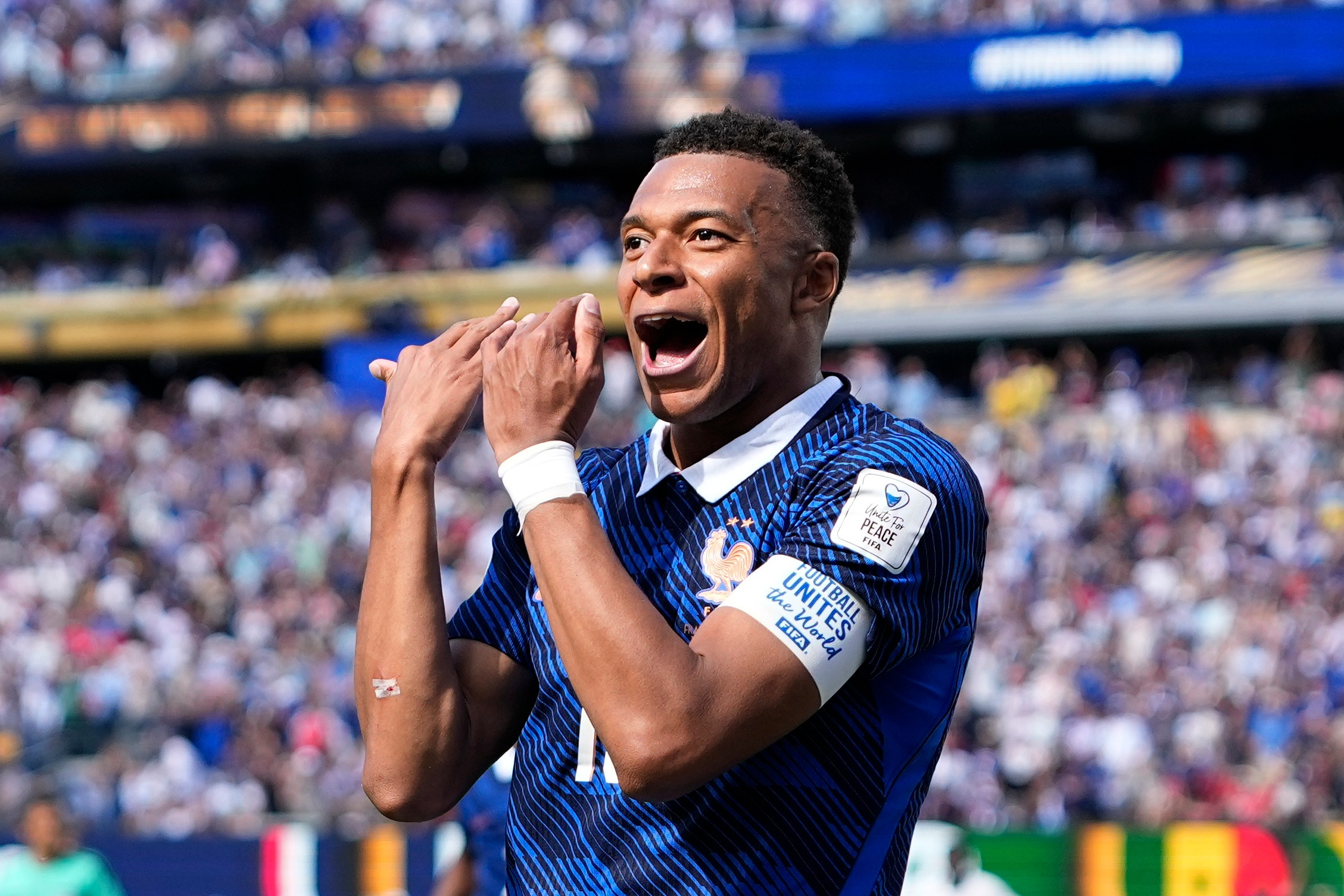France's Kylian Mbappe celebrates after scoring the opening goal of his team during the World Cup Group I soccer match between France and Senegal in East Rutherford, N.J., near New York, Tuesday, June 16, 2026. (AP Photo/Frank Franklin II)