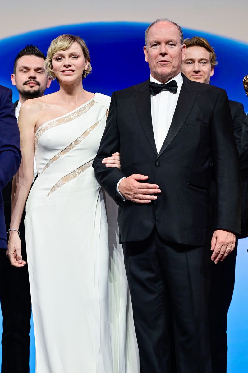 Princess Charlene dazzles in a crystal-covered gown and diamond jewelry ...