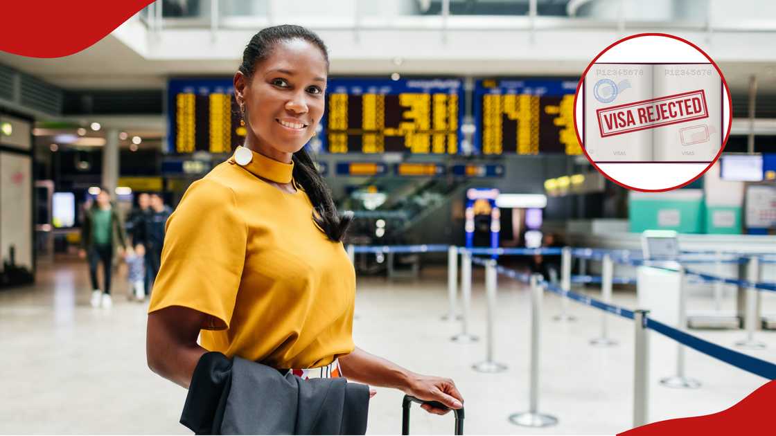 Picture of a woman at an airport used for illustration. Inset, a visa that has been rejected. Photo: Hinterhaus/Mustafah. Source: Getty Images
