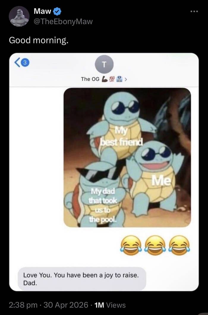A meme with cartoon turtles; one labeled "My best friend," another "Me," and a third "My dad that took us to the pool," with laughter emojis below