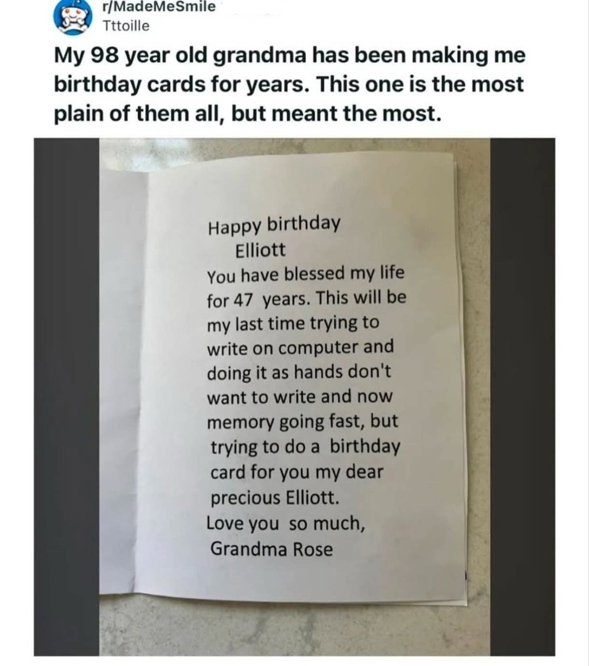 A birthday card with a heartfelt message from a 98-year-old grandma to her grandchild, Elliott, expressing love and the effort put into making the card