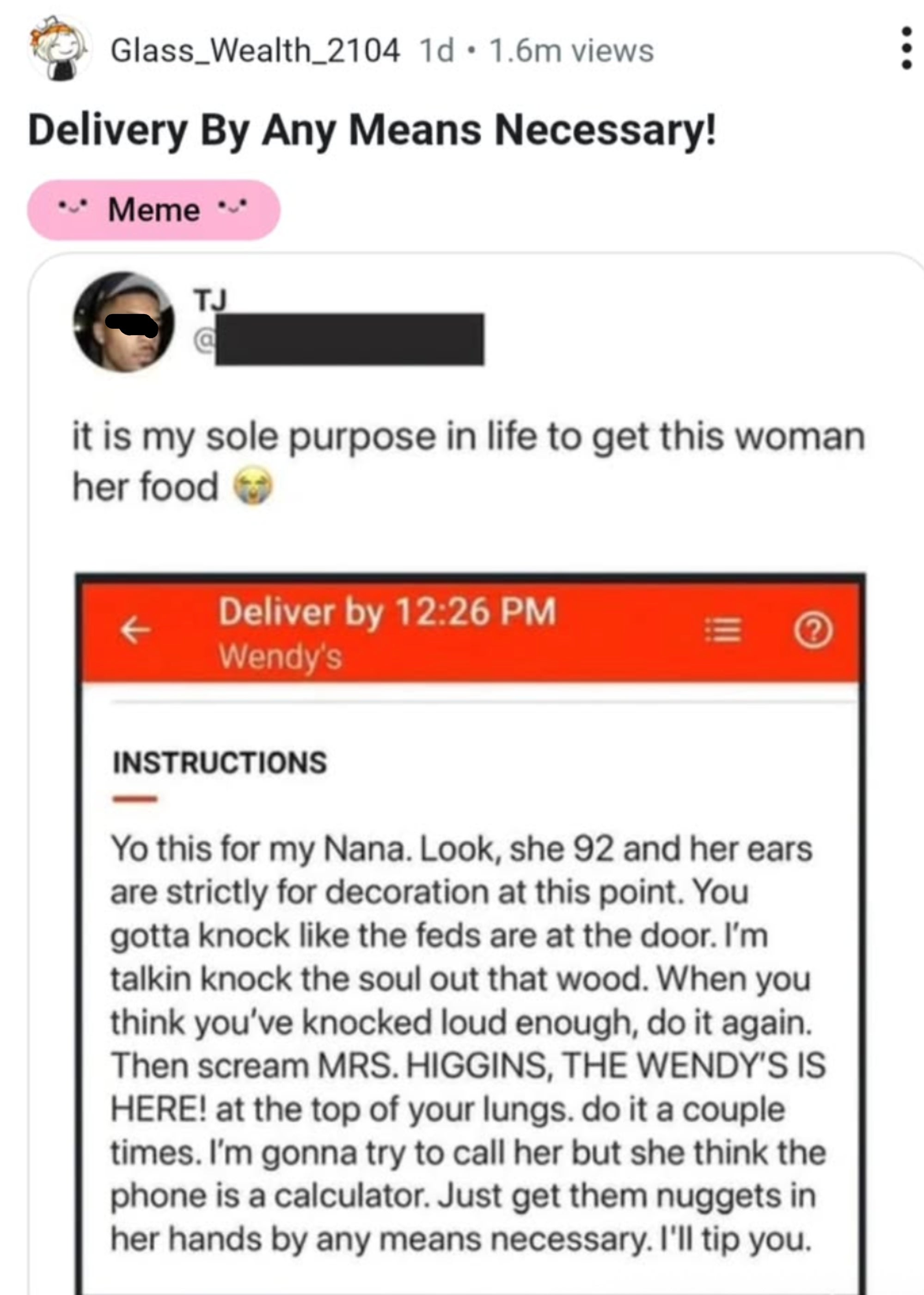 A humorous text exchange about urgently getting Wendy's for an elderly woman named Mrs. Higgins, ending with an encouragement to try calling her