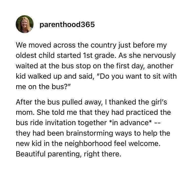 A parent shares how a neighbor made their child feel welcome by having her daughter sit with them on the school bus