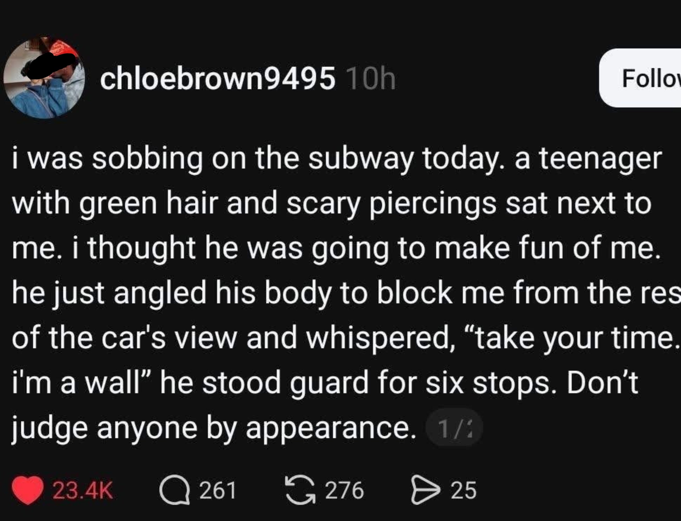 Social media post about a teenager helping someone feel safe on the subway by blocking the view of others