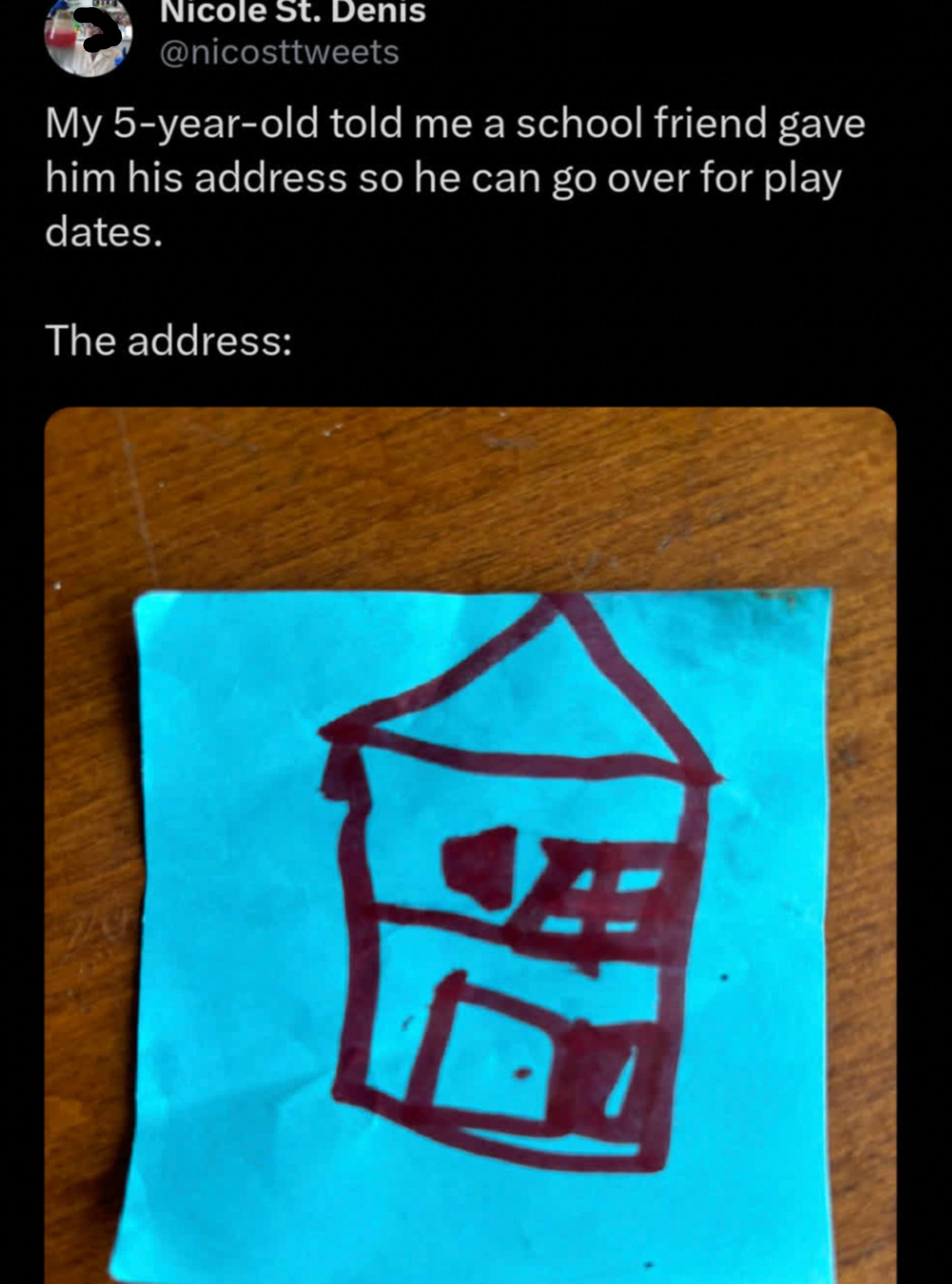 A hand-drawn house on a sticky note, humorously used as a child's idea of an address for playdates