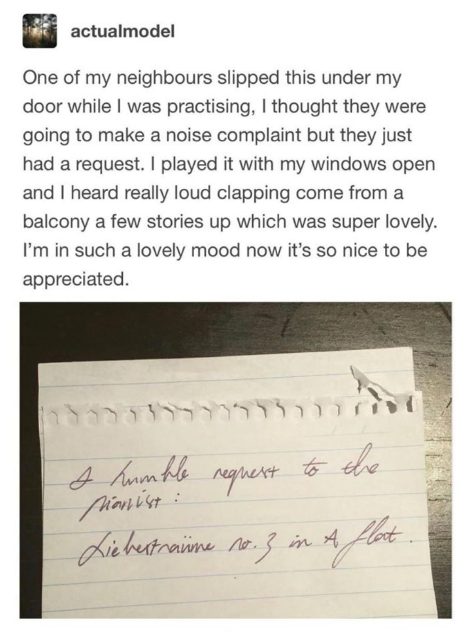 A handwritten note requests a pianist to play "Liebestraum no. 3" on a piece of paper placed under a door