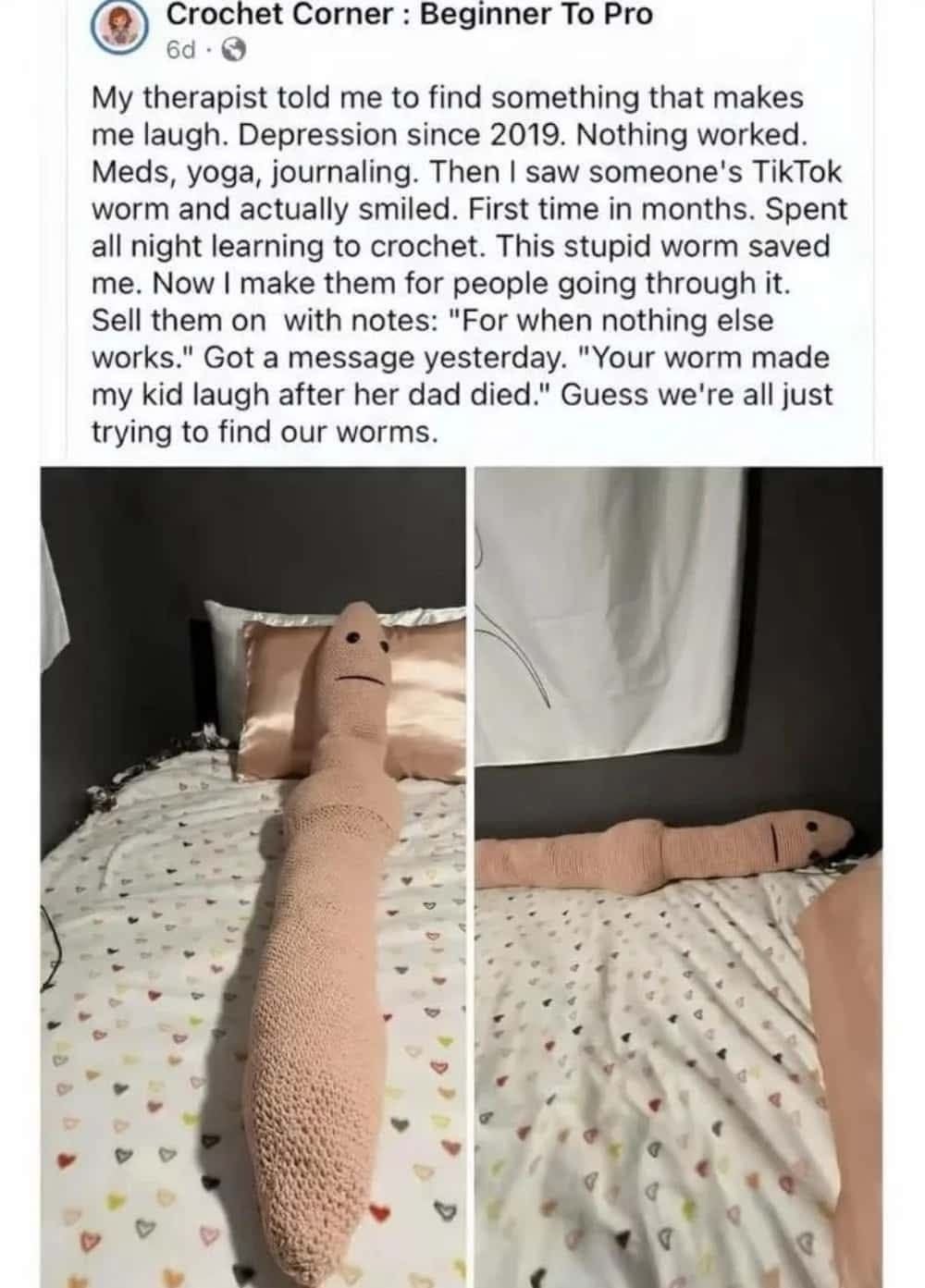 A crocheted plush worm is on a bed. Text describes how crocheting it brought joy after long-term depression