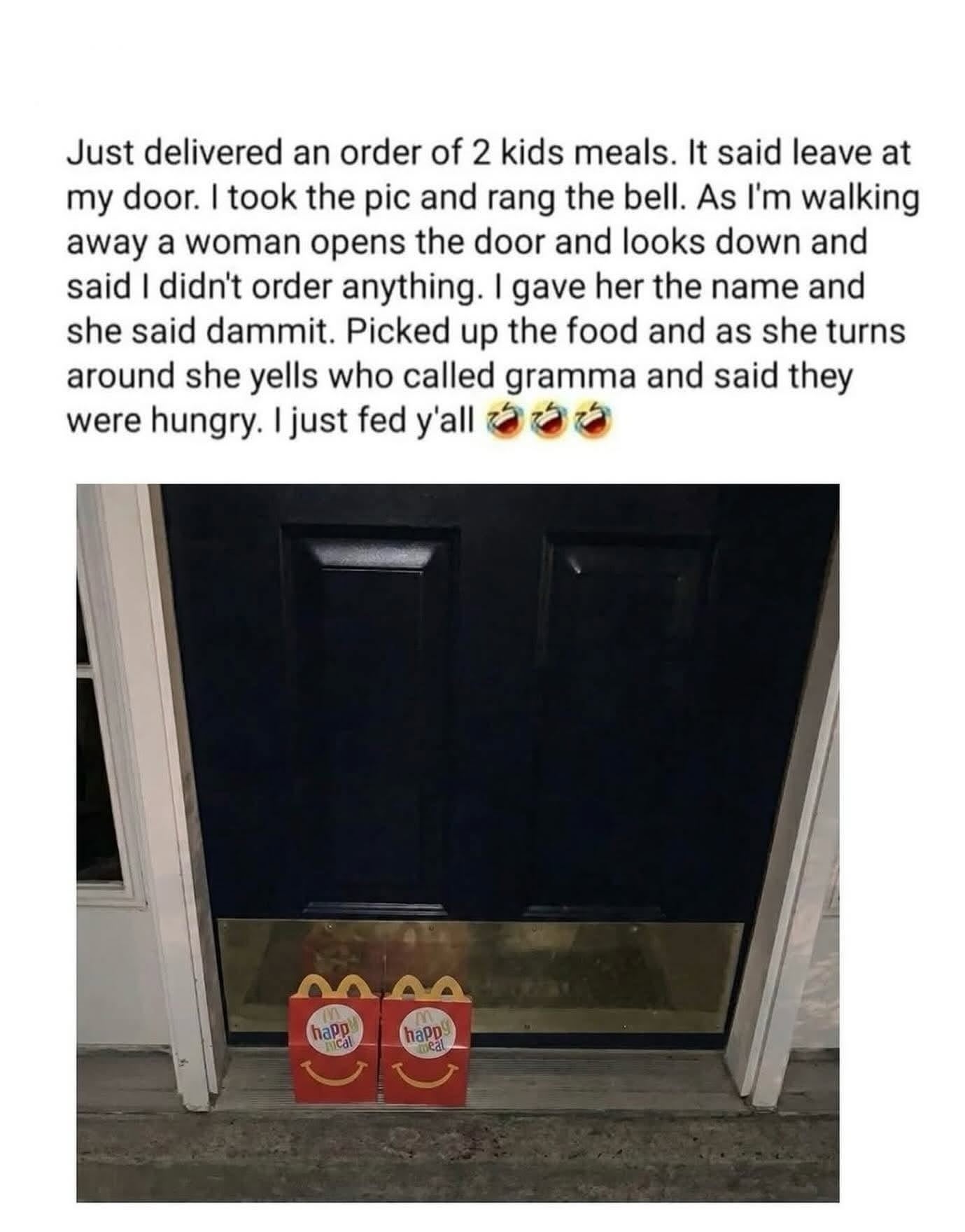 Photo of McDonald's Happy Meals by a door with humorous text about a delivery mix-up and the order ultimately being for the woman's hungry grandchildren