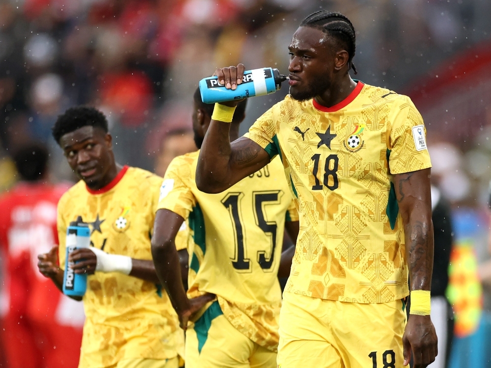 Jerome Opoku of Ghana takes a drink at the hydration break during Wednesday's FIFA World Cup match against Panama at Toronto Stadium.