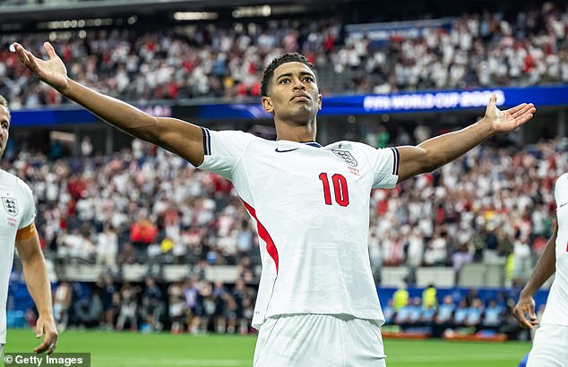 Bellingham stretched his arms aloft after scoring for England against Croatia on Wednesday