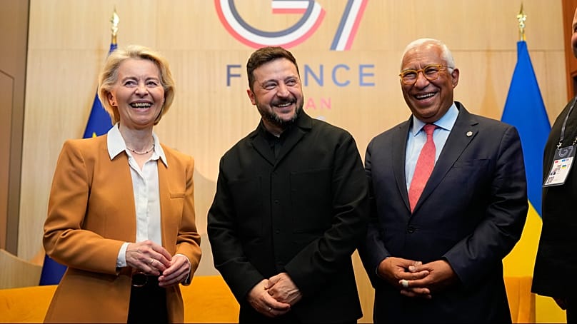 Ursula von der Leyen, Volodímir Zelenski y António Costa en la cumbre del G7. Associated Press.