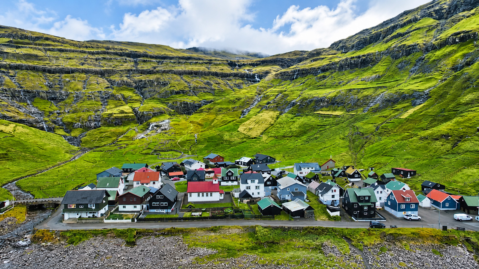 Tjørnuvík village beneath steep mountains and legendary sea stacks