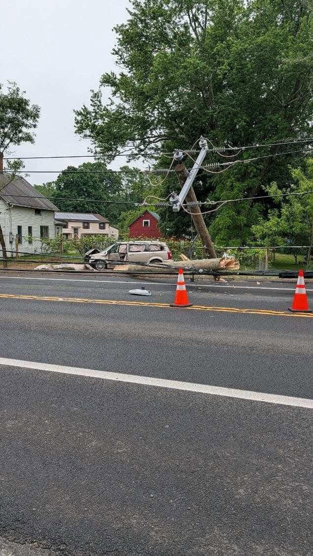 Crash knocks down utility pole, leaves wires across road in Tolland