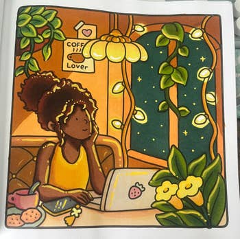 Illustrated person with curly hair and yellow top, sits at a laptop with coffee and cookies, surrounded by plants and fairy lights. Cozy atmosphere