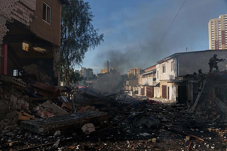 More than four years of war: on 2 June, rescue workers extinguish a fire at a car repair shop after a Russian attack on Kyiv in Ukraine. Copyright 2026 The Associated Press. All rights reserved