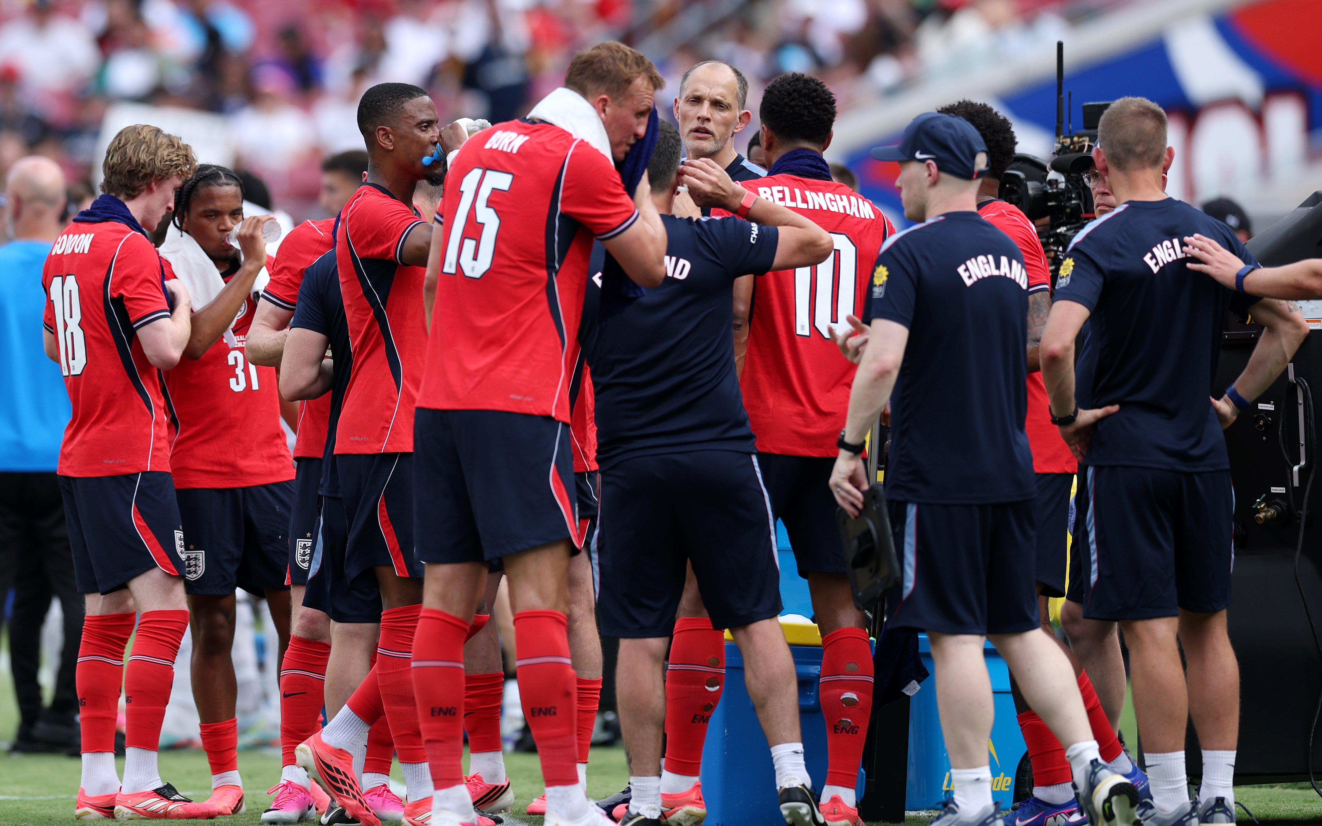 Cooling breaks: Thomas Tuchel took advantage of the three-minute cooling break in England’s World Cup warm-up match (Getty)