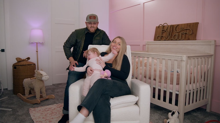 Kacie Adkison, Cole McBee, and baby Blair McBee in The McBee Dynasty: Real American Cowboys Season 3.