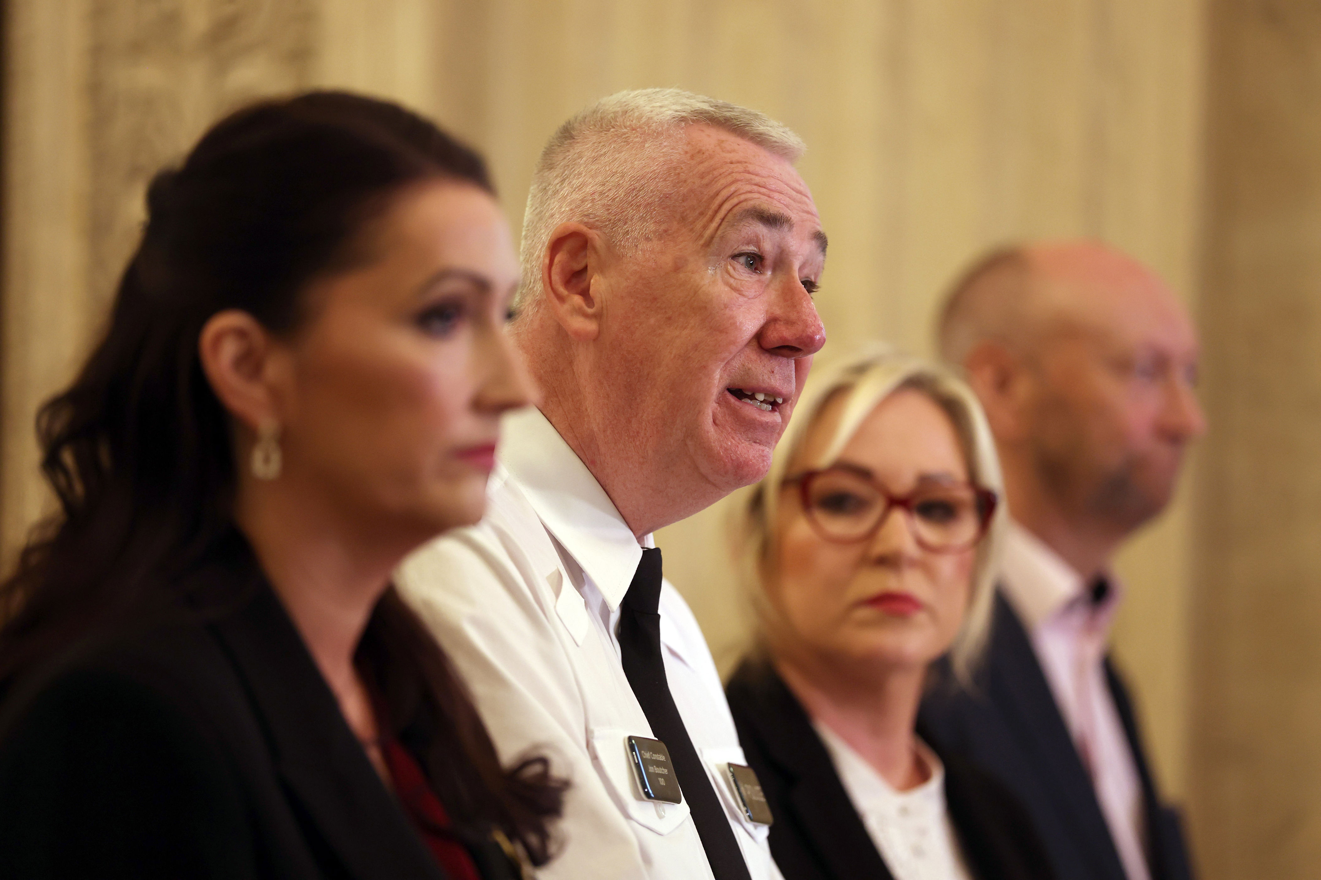 Deputy first Minister Emma Little-Pengelly, PSNI chief Constable Jon Boutcher, First Minister Michelle O’Neill and chair of the policing board Brenda Mullan (Liam McBurney/PA) (PA Wire)