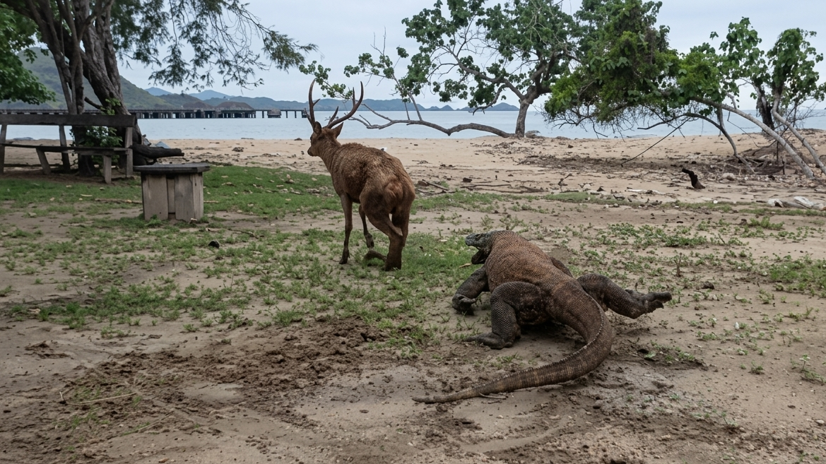 This deer provoked a Komodo dragon - then ran for its life
