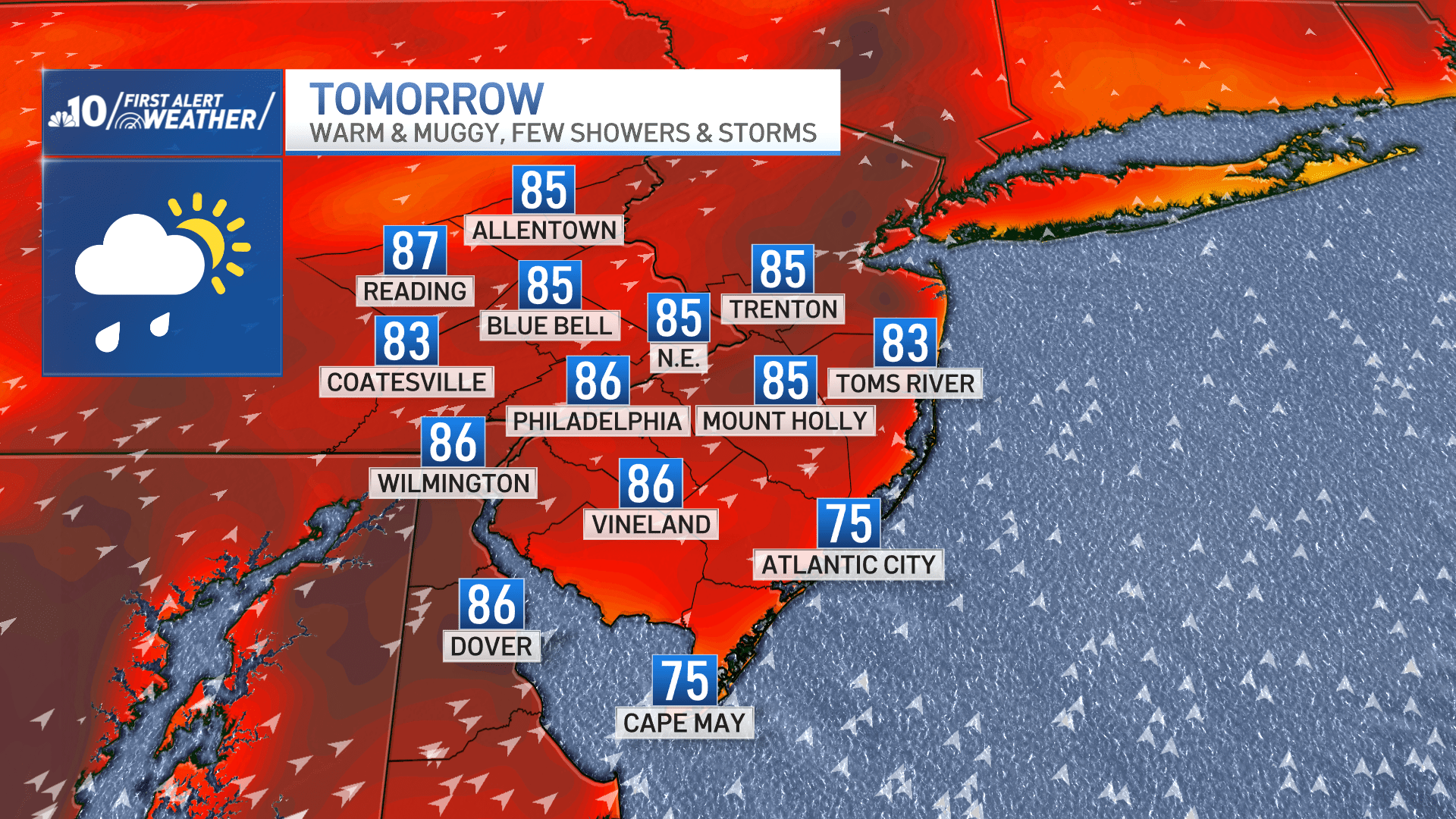 More humid, few showers and storms tomorrow