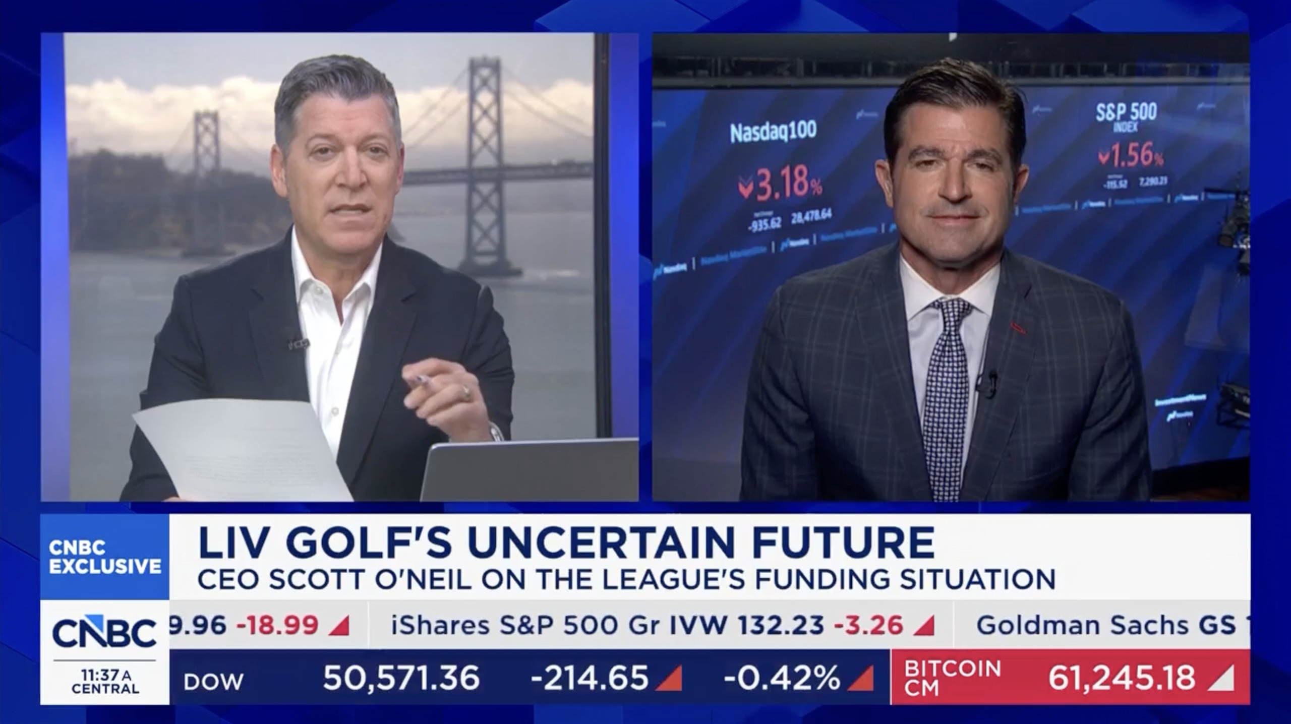 LIV Golf boss flustered when CNBC host puts him on the spot about ...