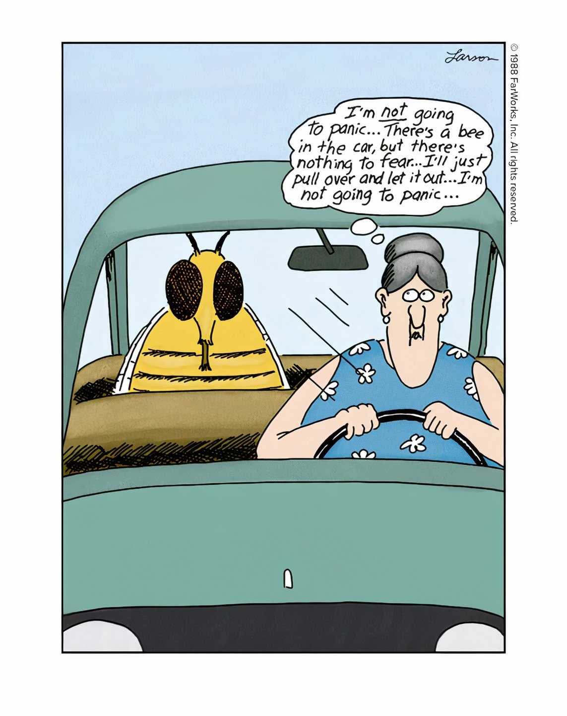 A bee sits in the backseat of a woman's car. The woman notices it and attempts to stay calm as she continues to drive.