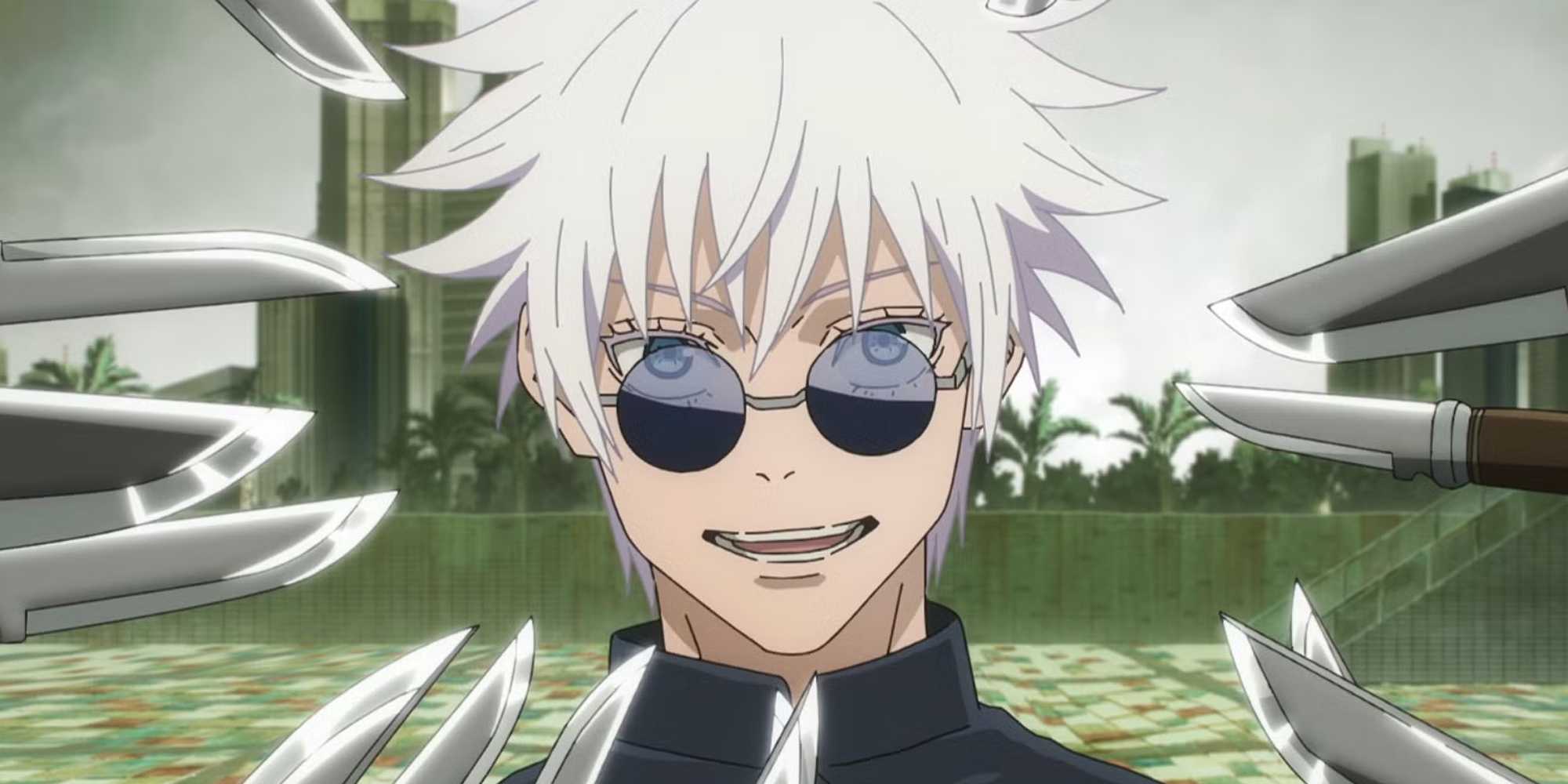 Gojo holding knives at bay with limitless in Jujutsu Kaisen.