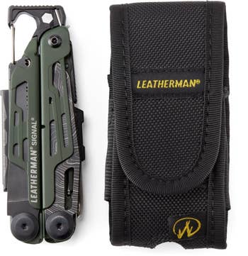 Leatherman Signal multi-tool with sheath; features various tools for outdoor use