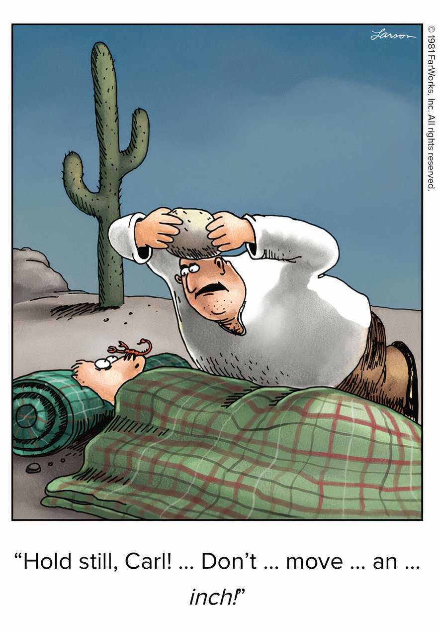 A scorpion stands on a child's face. A man holds a rock, about to smash the scorpion dead.