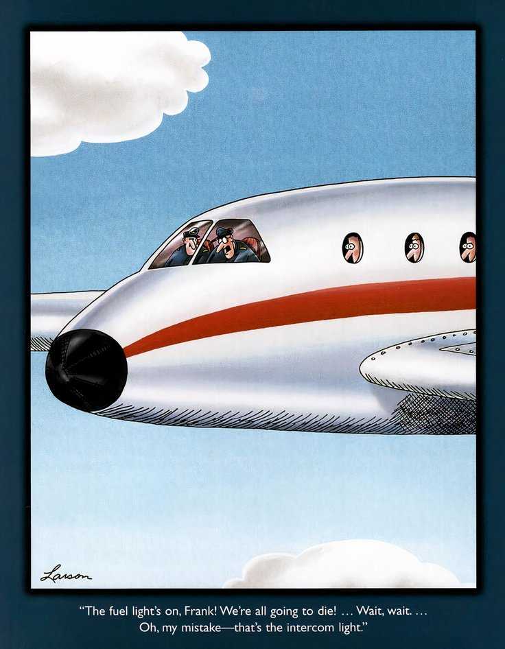 A pilot starts to panic thinking they've run out of fuel but it is the intercom light.