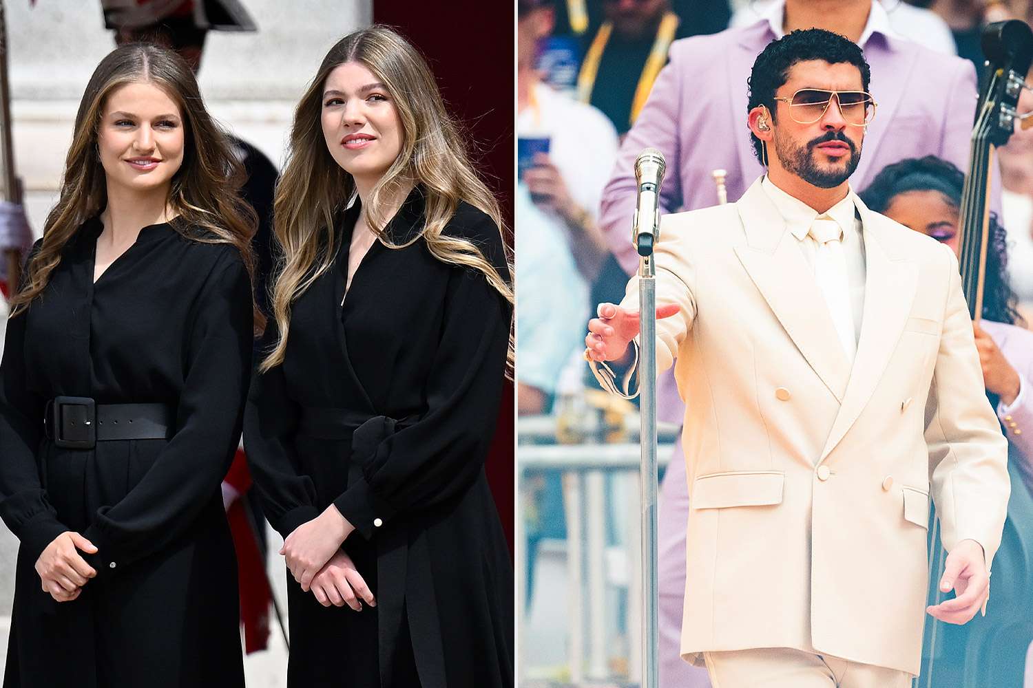 Princess Leonor and Infanta Sofia attend the welcoming ceremony for Pope Leo XIV at the Royal Palace in Madrid, Spain on June 6, 2026; Bad Bunny performs in concert during his "DeBI TiRAR MaS FOToS" Tour at Metropolitano Stadium on May 30, 2026 in Madrid, Spain Credit: Alberto Ortega/Europa Press/Getty; Mariano Regidor/Getty
