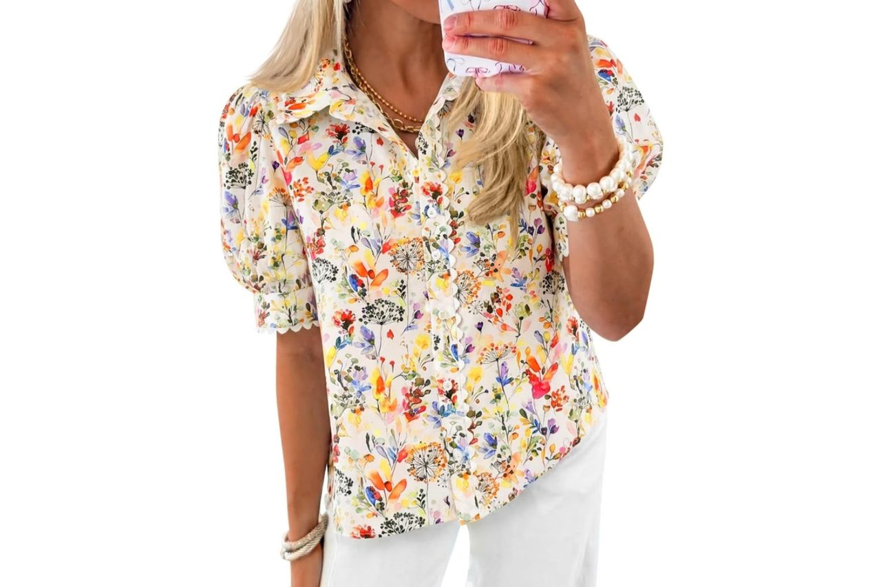 Cicy Bell Womens Puff Sleeve Button Down Shirts Floral Print Summer Casual Tops Boho Loose Fit Collared Blouse