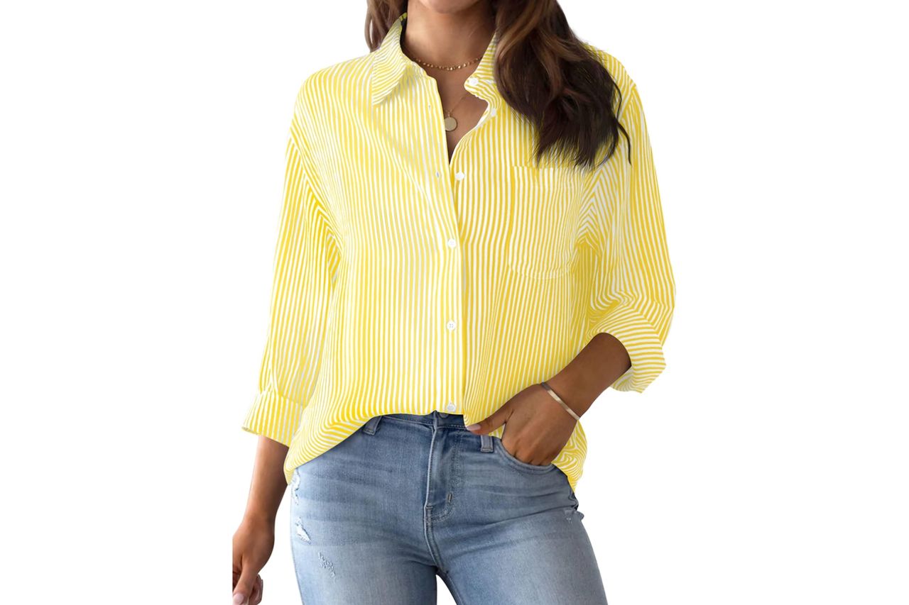 AISEW Womens Button Down Shirts Striped Classic Long Sleeve Collared Office Work Blouses Tops with Pocket