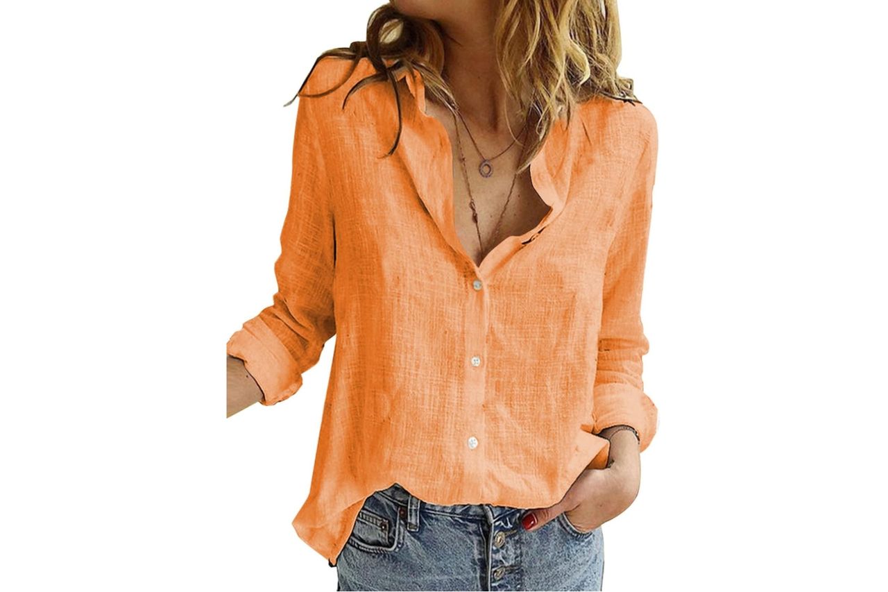 Astylish Womens V Neck Roll up Sleeve Button Down Blouses Tops